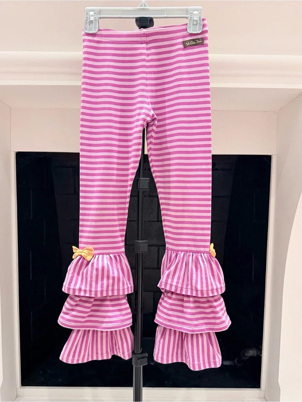 Matilda Jane Pink Striped Triple-Ruffle Leggings with Yellow Bows